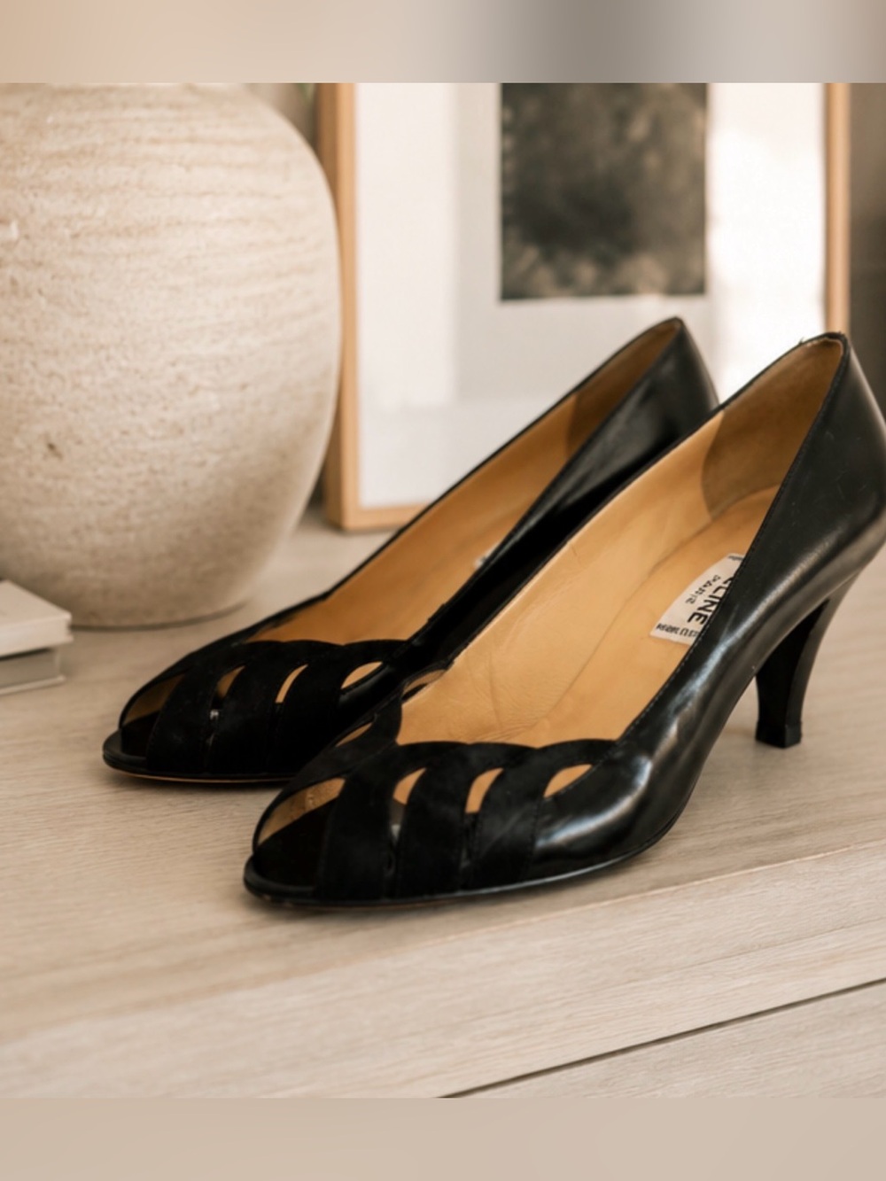 Authentic Vintage Celine Paris Black Leather Peep Toe Pumps EU 38 Made in Italy